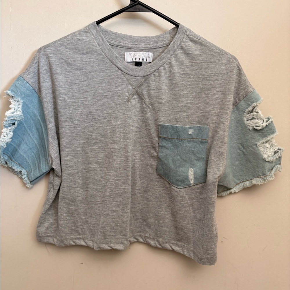 Gray Cropped Tee with Distressed Light Blue Sleeve Panels